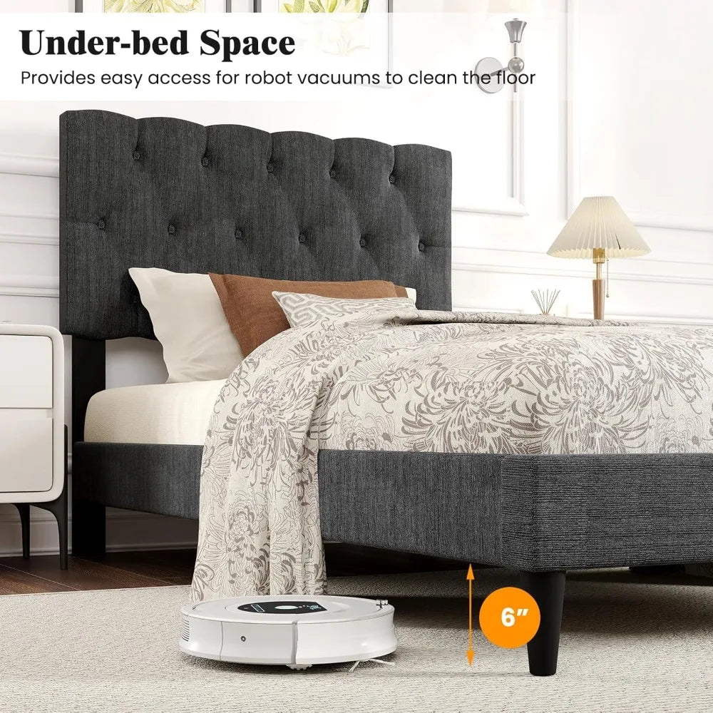 Modern Upholstered Platform Bed Frame with Diamond Tuft Headboard