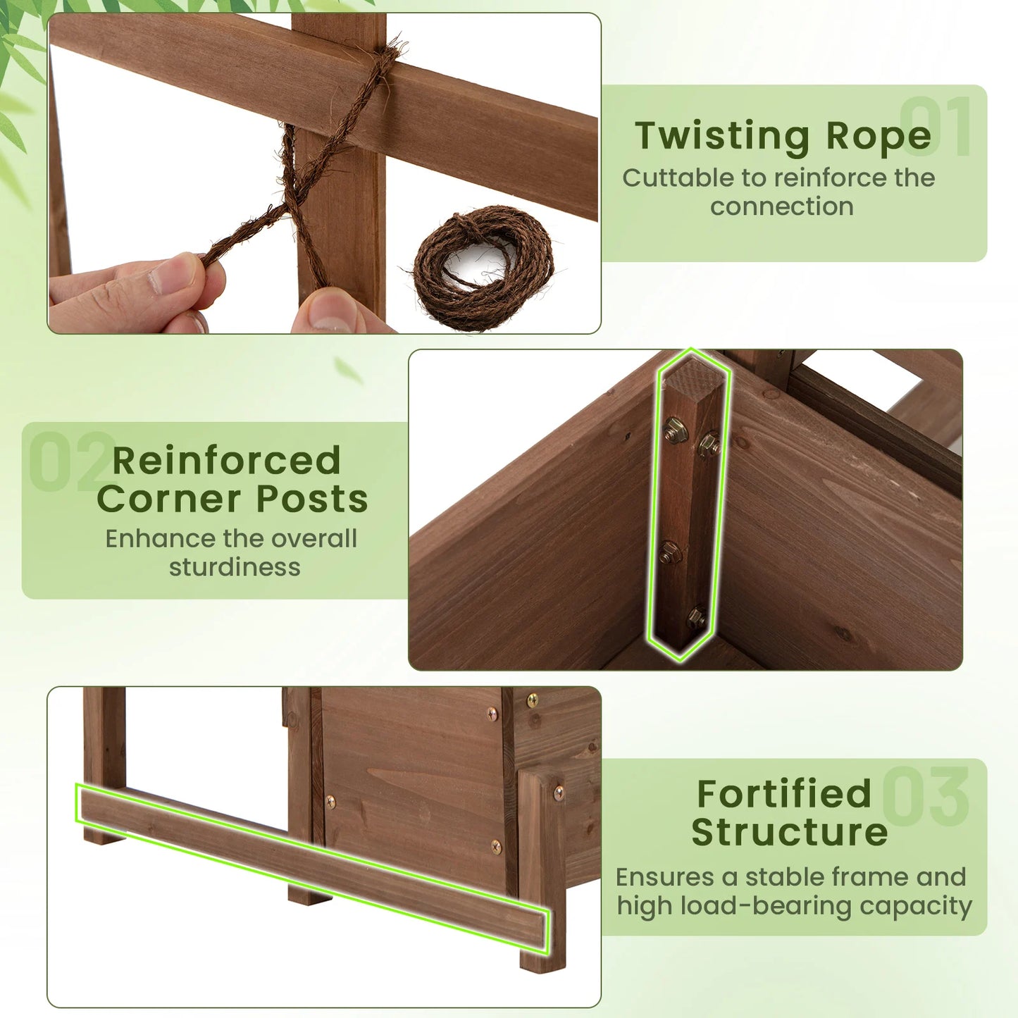Raised Garden Bed with Trellis w/ Drainage Holes Legs Twisting Rope for Backyard