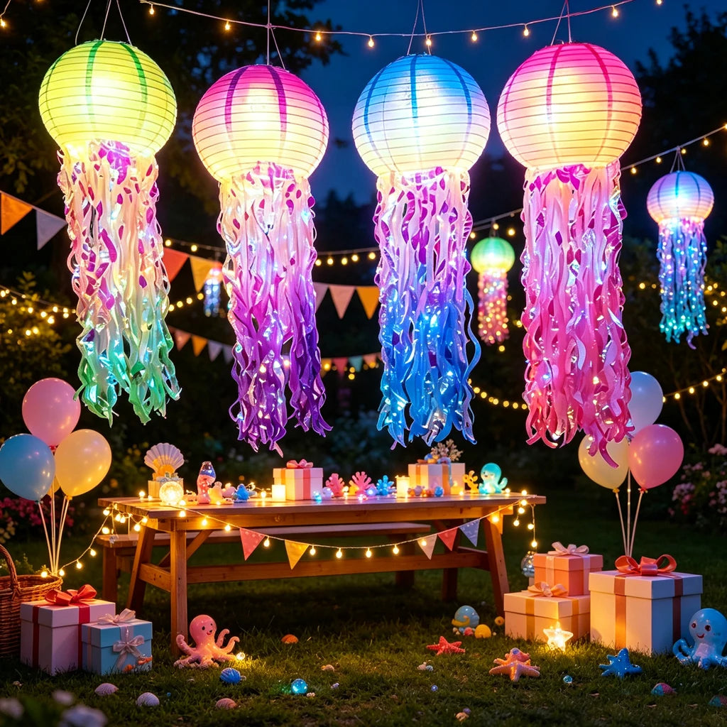 LED Jellyfish Paper Lanterns With Iridescent Tassels For Ocean Parties