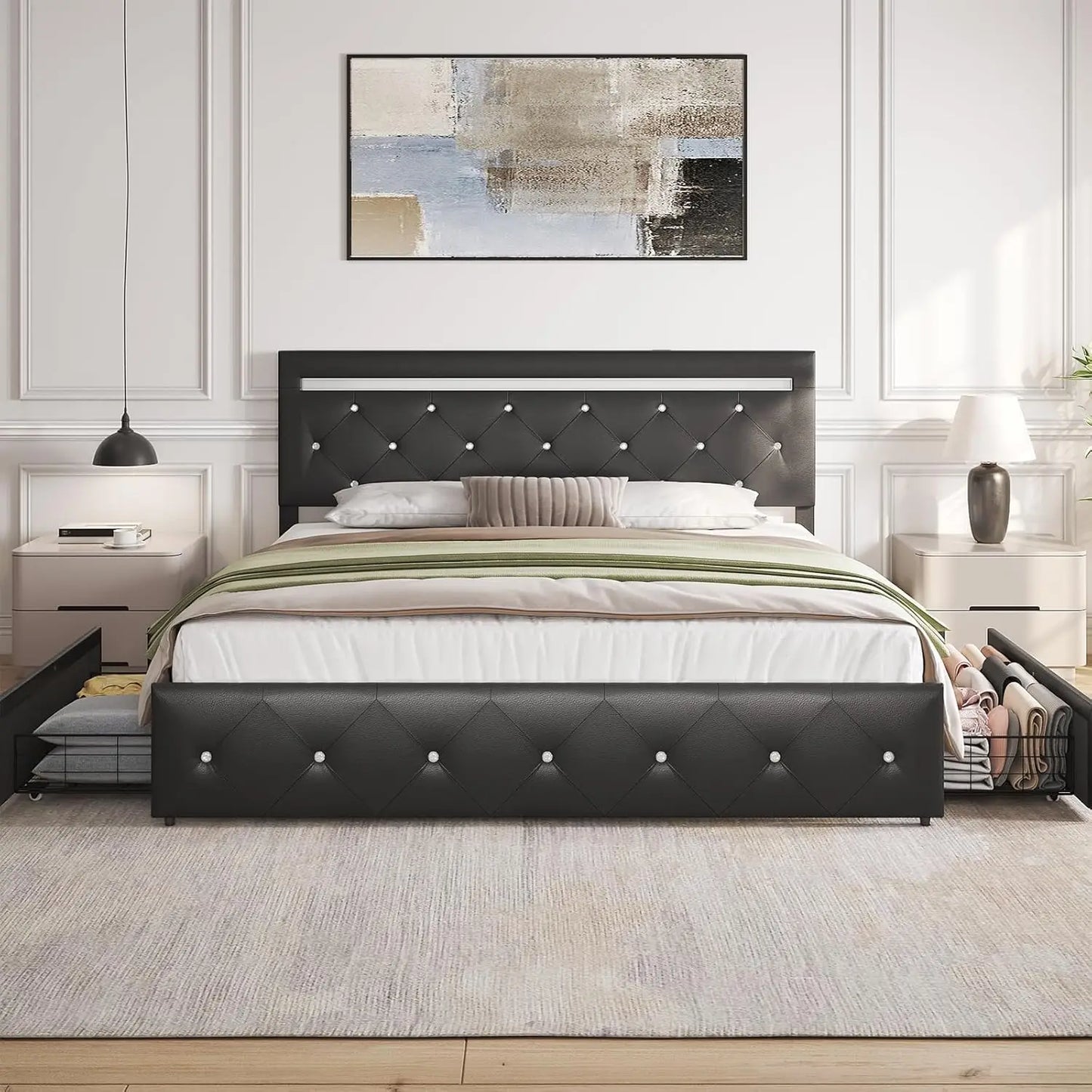 Bed Frame With Drawers LED Light USB Charge Station