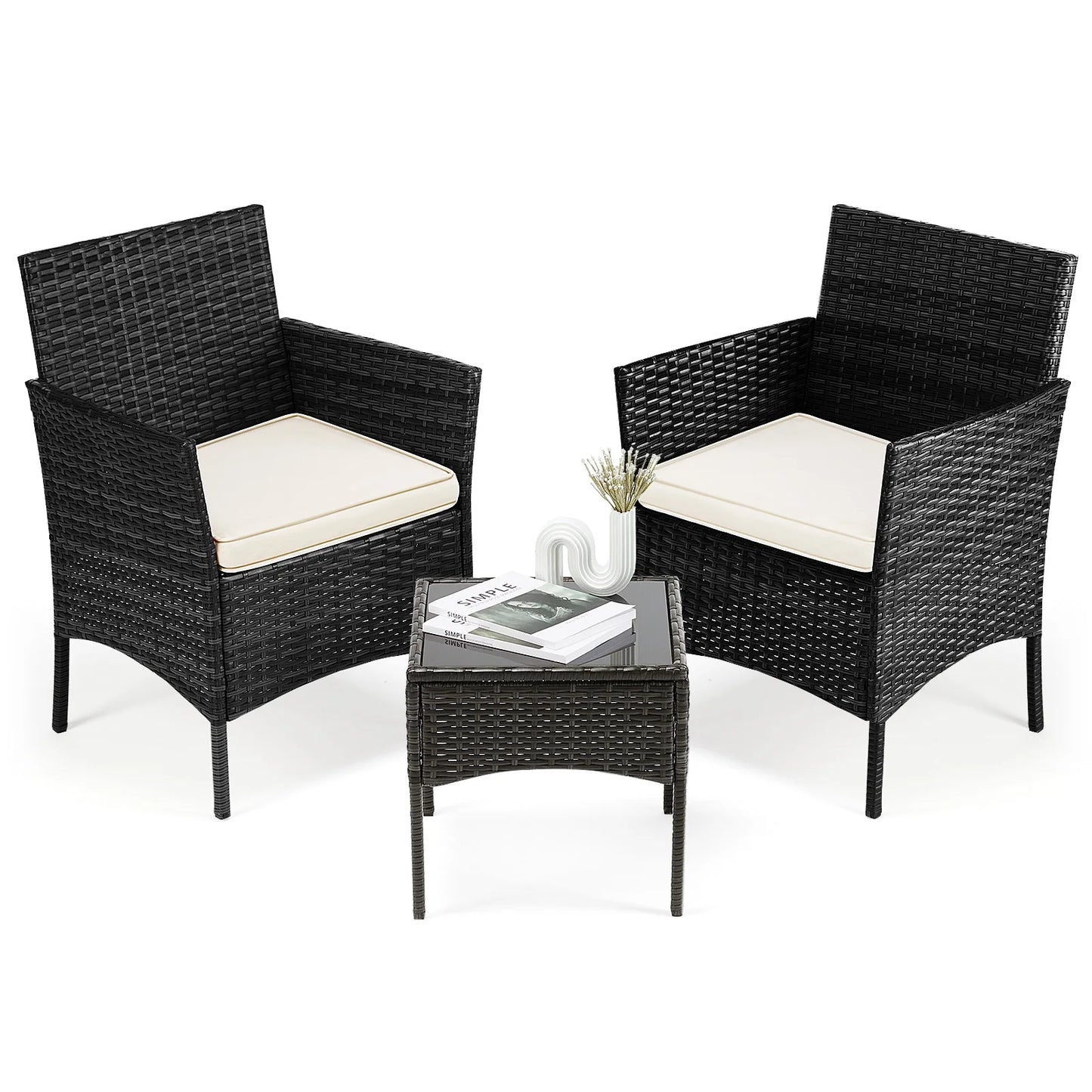 3 Piece Outdoor Patio Furniture Set Rattan Wicker With Glass Table