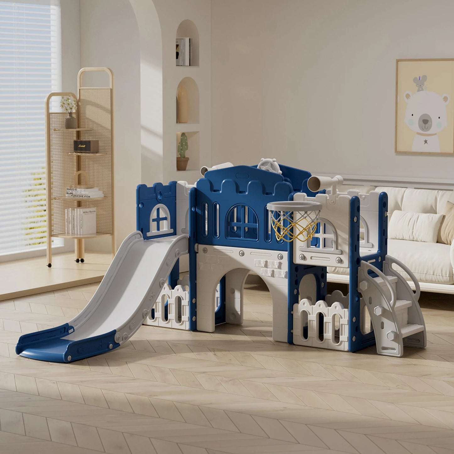 Toddler Indoor Playground Slide With Basketball Hoop