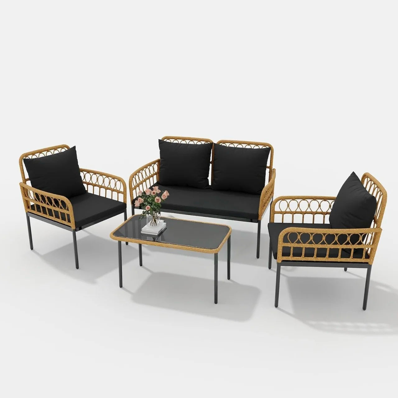 4-Piece Patio Furniture Set, Outdoor Wicker Rattan Chairs with Glass Table, Outside Bistro Set with Removable Cushions, Modern R
