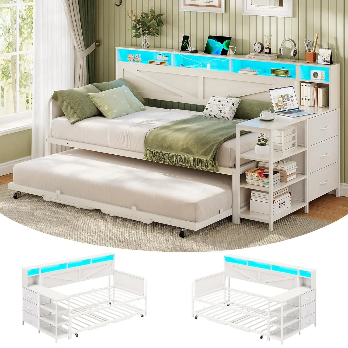 Folded Daybed With Pop Up Trundle And Storage Drawers