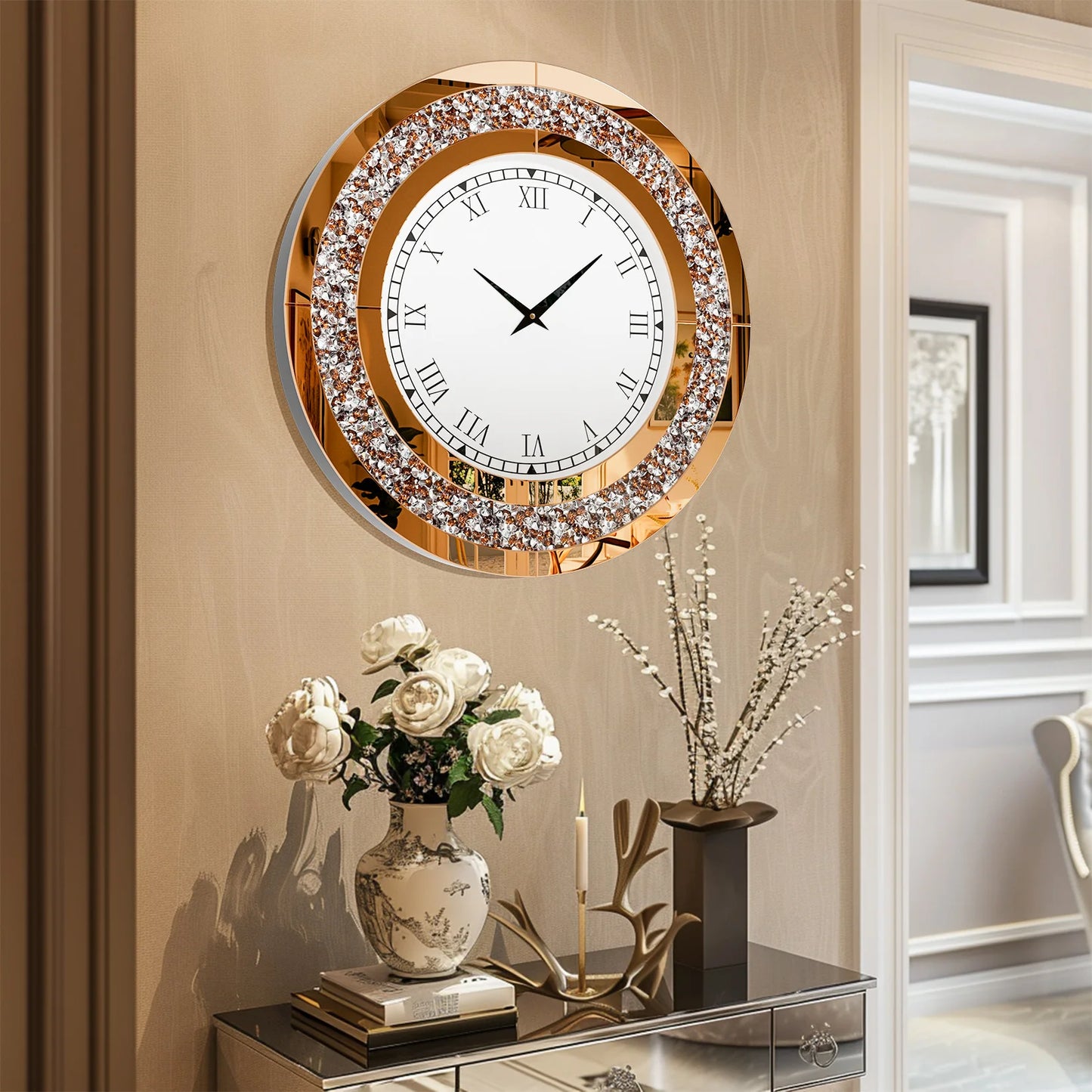 Round Mirror And Large Mirrored Wall Clock For Living Room