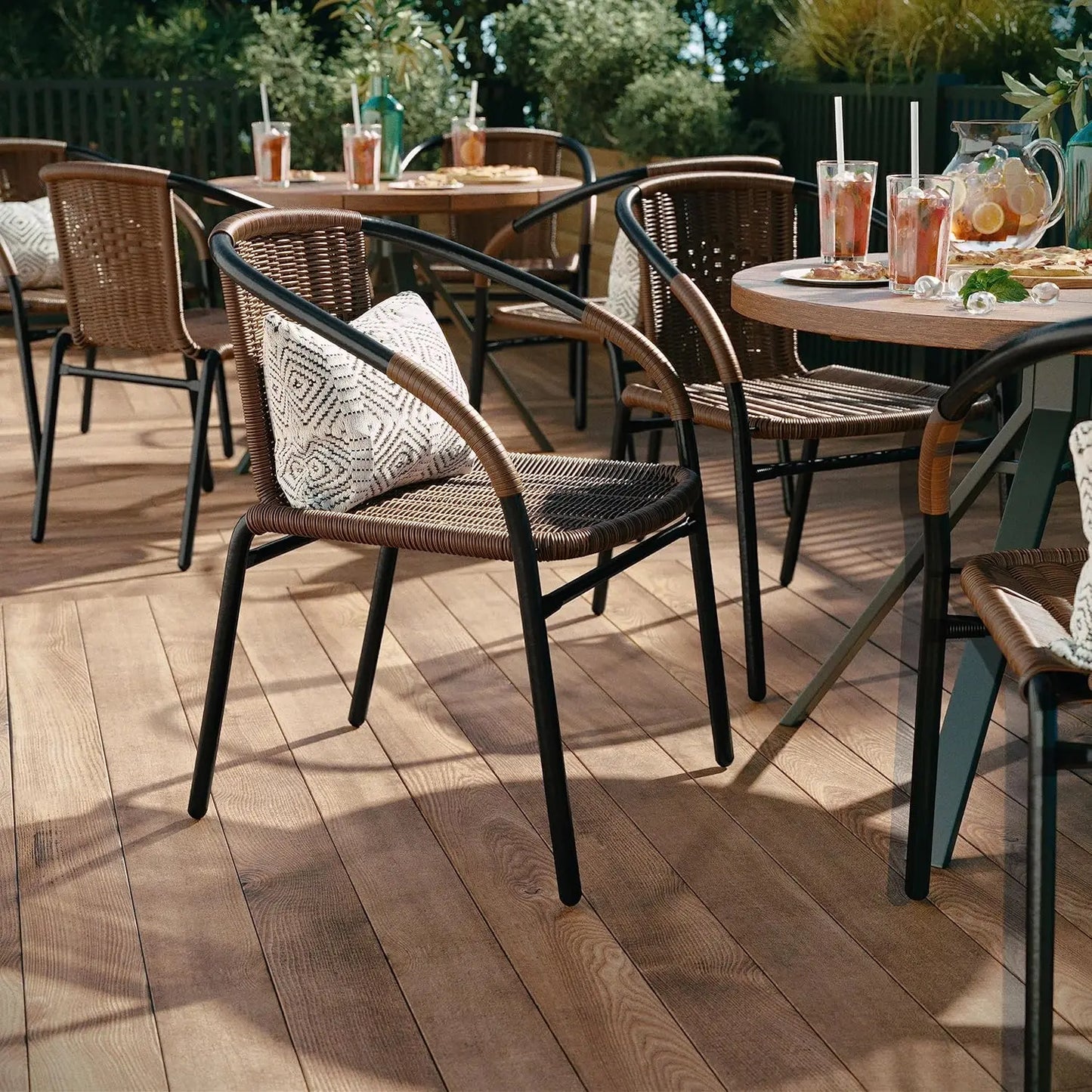 Lila Modern Rattan Indoor/Outdoor Stackable Dining Chairs, Stacking Rattan Bistro Chairs for Patio or Restaurant,Set of 4, Brown
