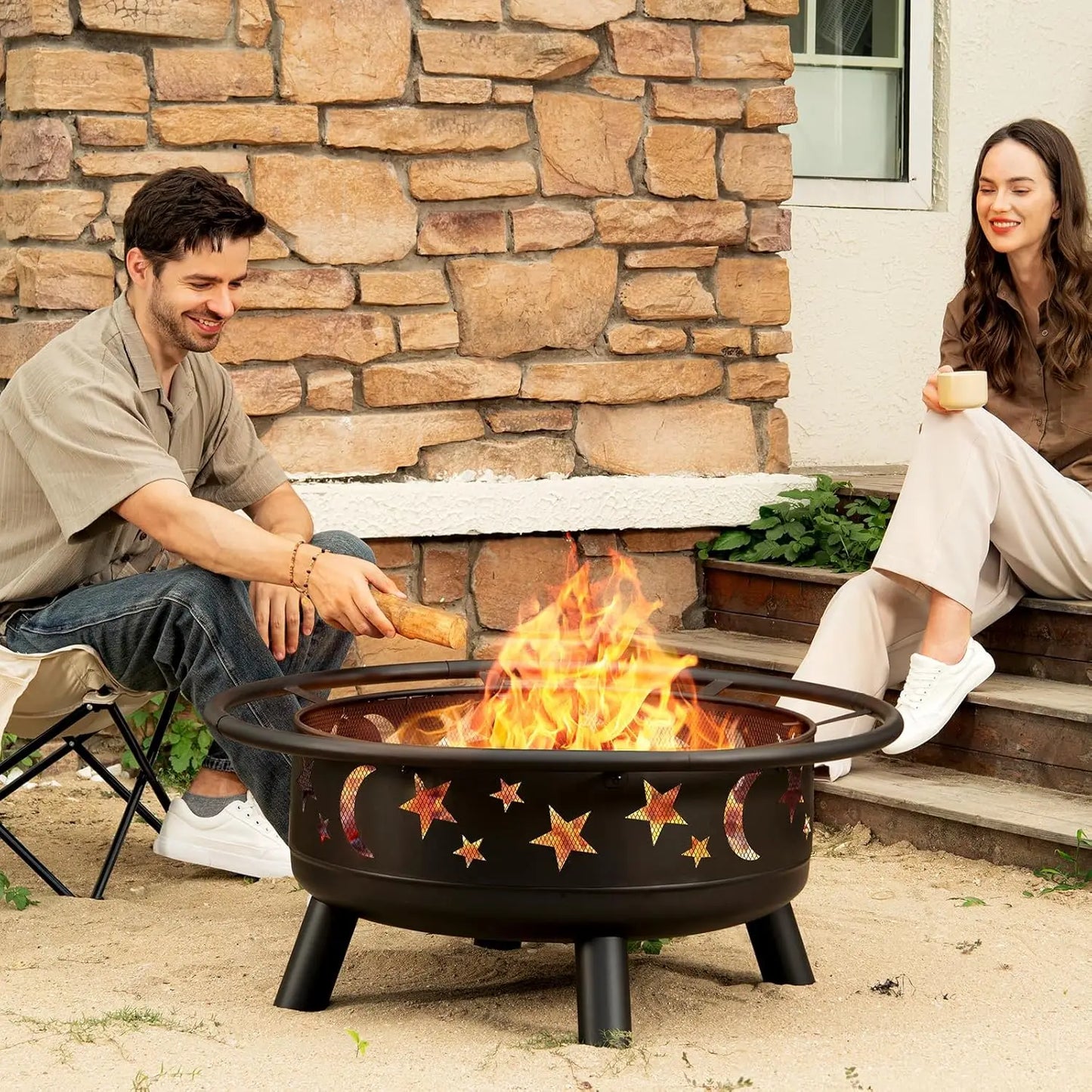 Round Fire Pit With Mesh Cover And Star Moon Design