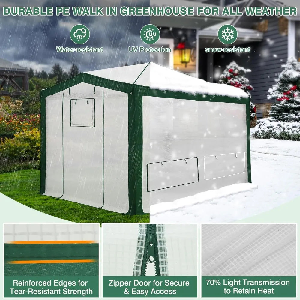 12x8 Portable Walk in Greenhouse with Polyester Reinforced Corners, Instant Pop up Indoor Outdoor Gardening Green
