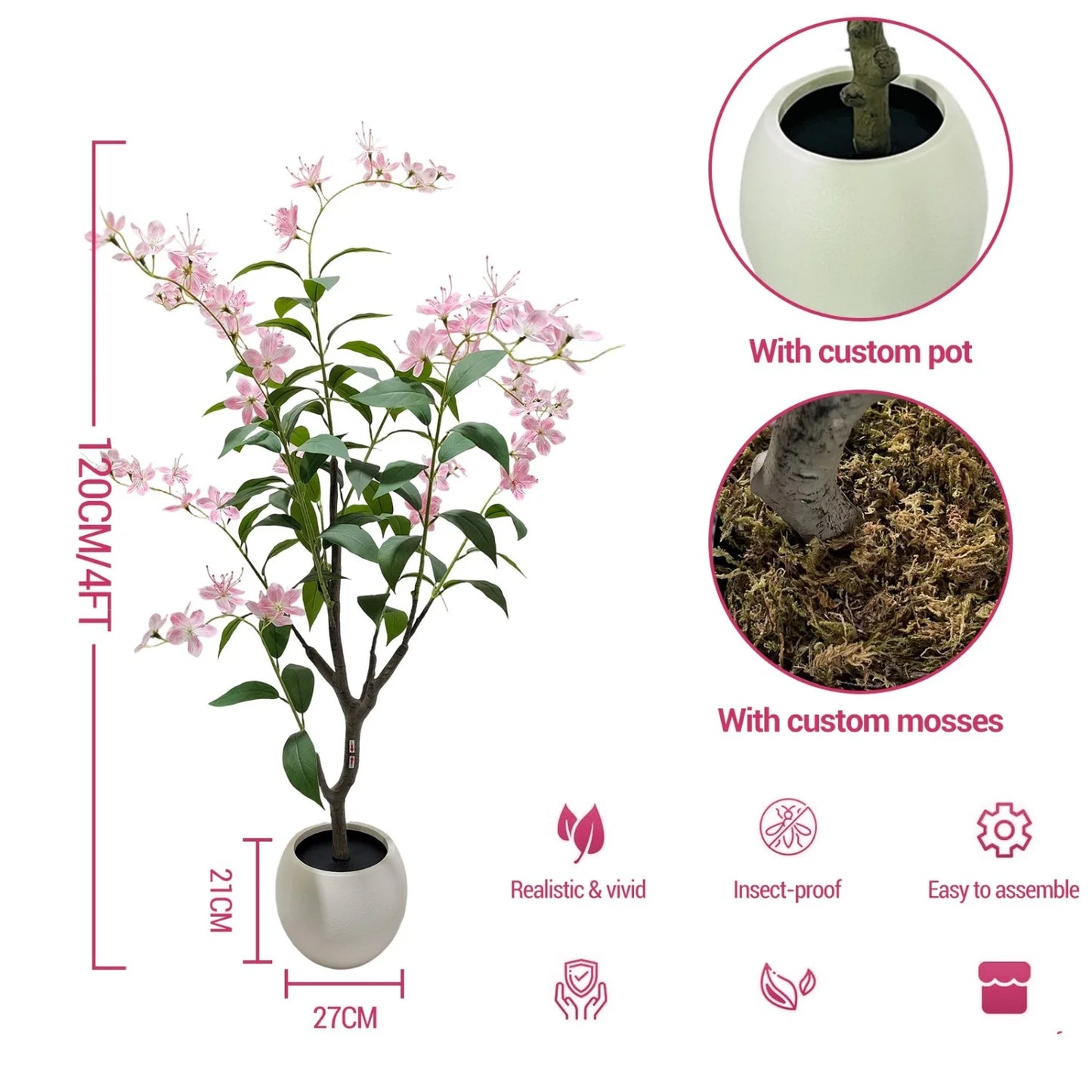 4ft/5ft/6ft Tall Artificial Jasmine Tree, Realistic Potted Fake Plants with White Pot, Faux Flowering Tree for Wedding,Lobby