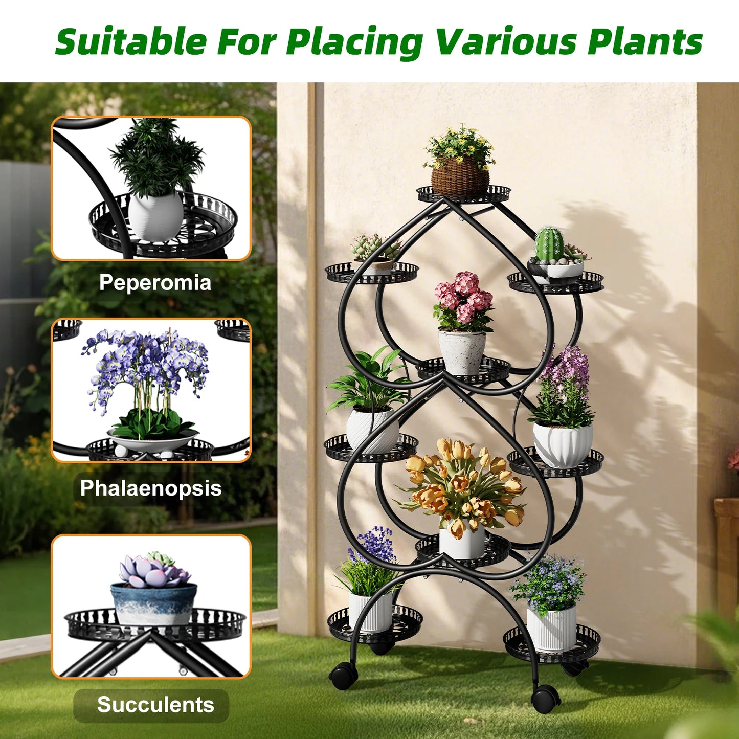 Metal Plant Stand On Wheels With Nine Pots