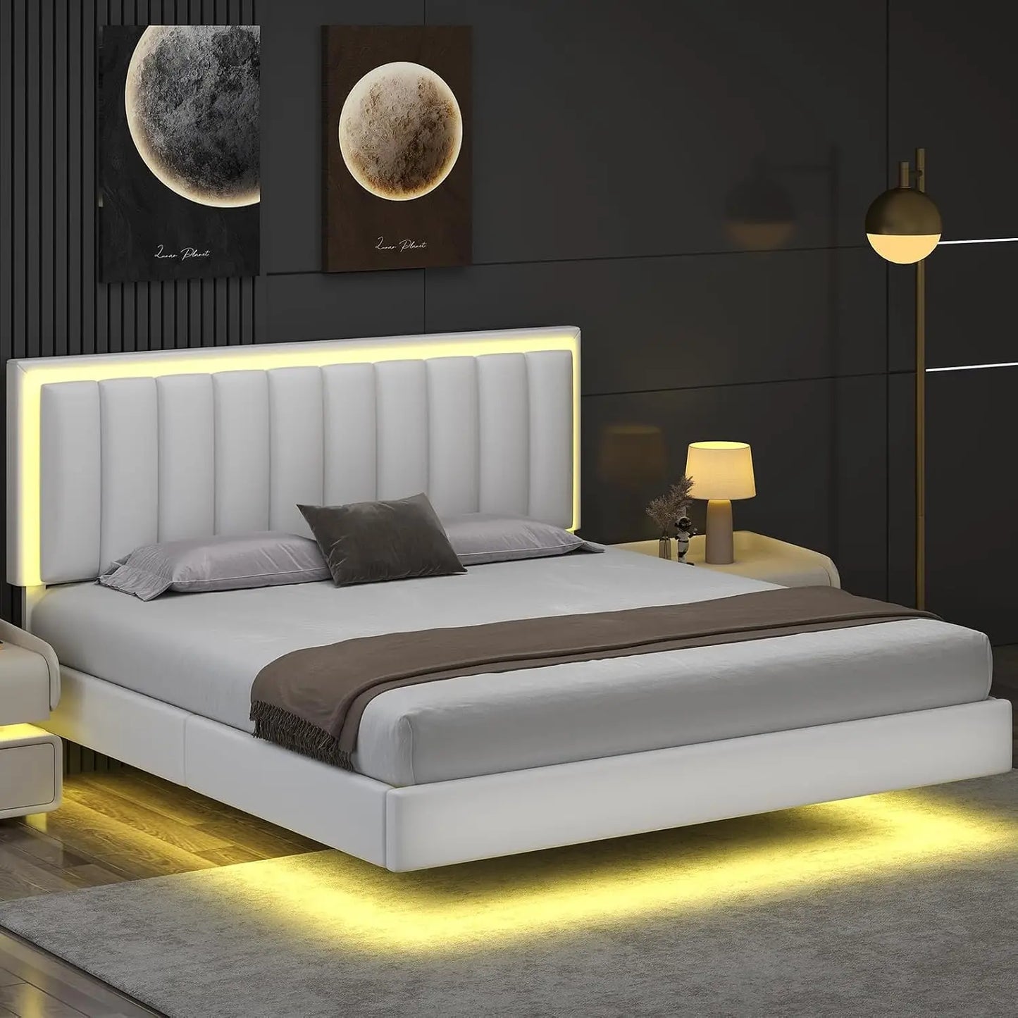 GUANGBAI Floating Bed Frame With LED Lights And Upholstered Headboard