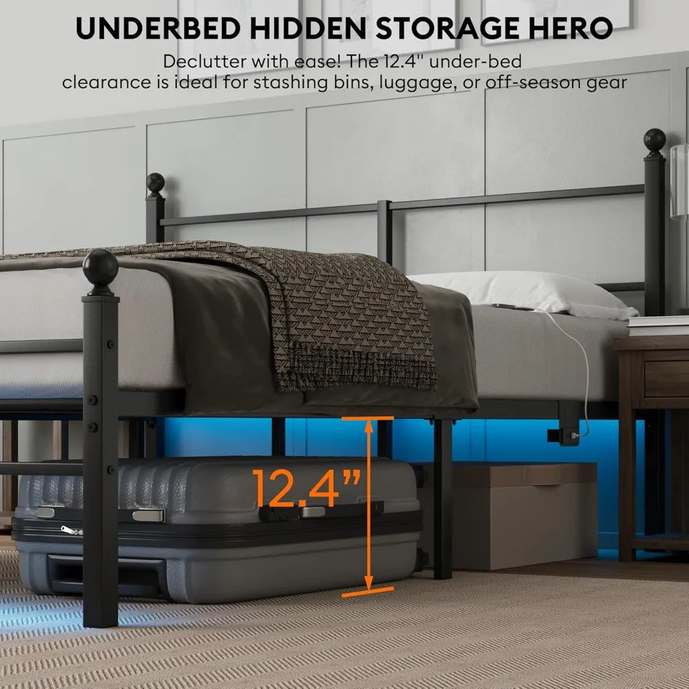 Full Size Bed Frame with LED Lights, Charging Station & Under Bed Storage - Heavy Duty Metal Platform, Easy Assembly, Black