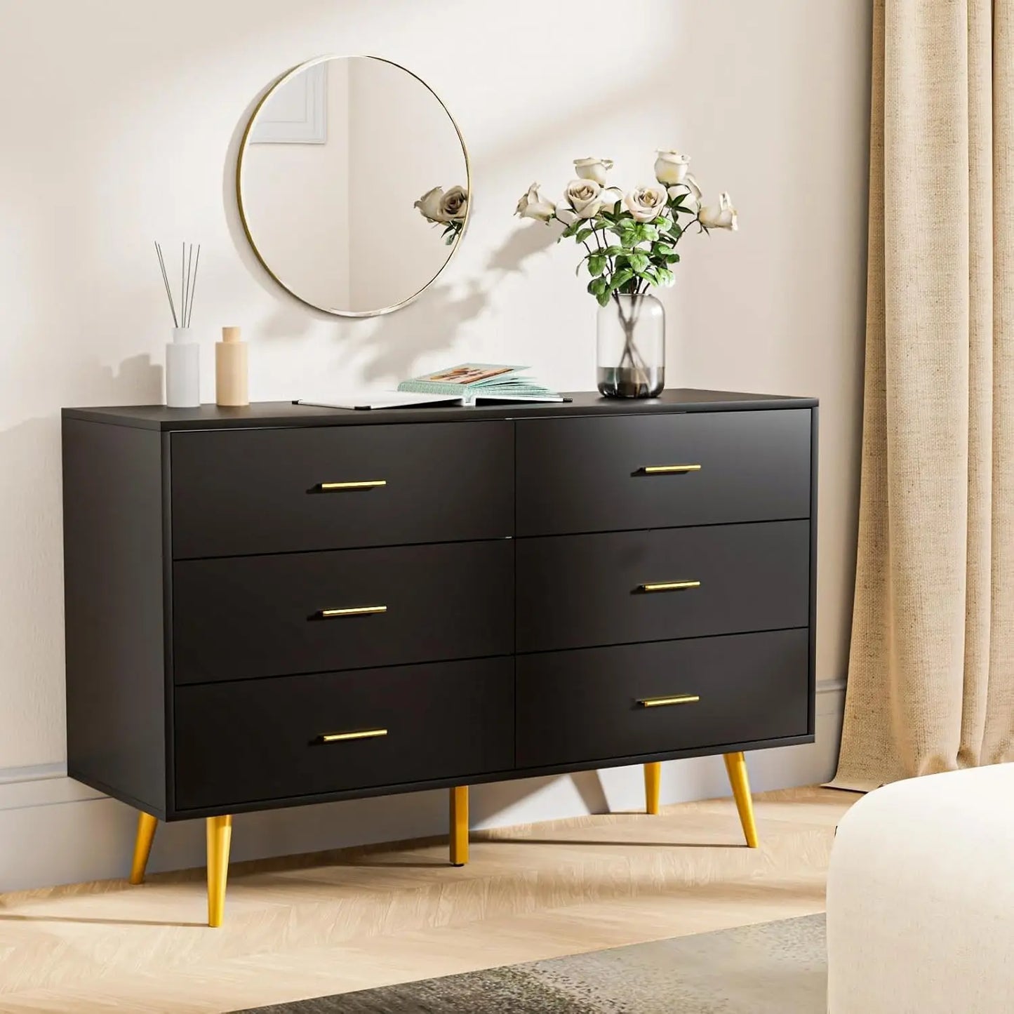 Walnut Brown Wood Dresser With Six Drawers For Bedroom