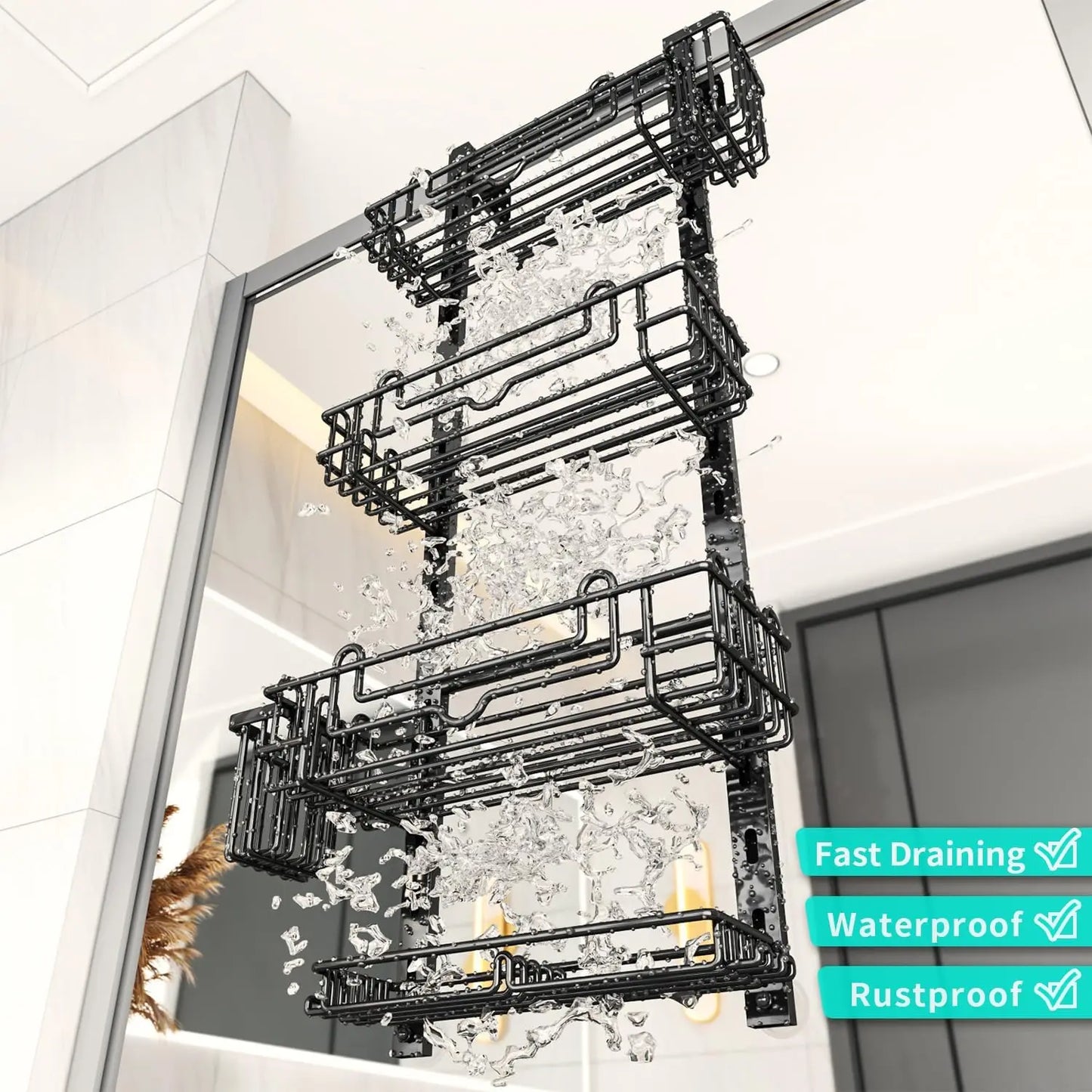 4-Tier Adjustable Over-the-Door Shower Caddy with 22 Hooks, 2 Toothbrush Holders, No Drilling Needed - Black