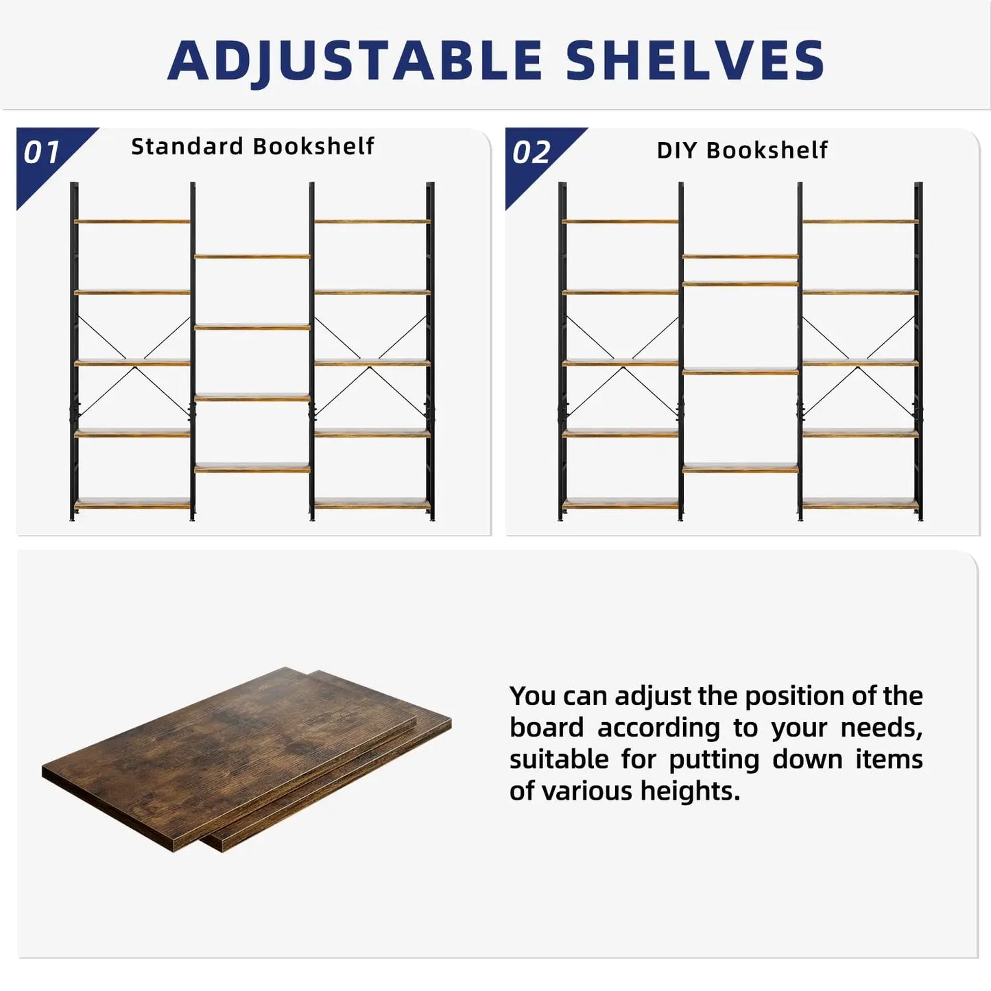 Wide 5 Tier Triple Bookshelf With 14 Open Display Shelves