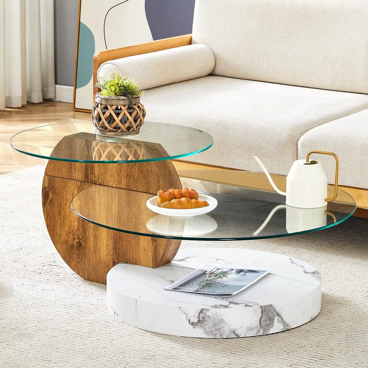 Tempered Glass Coffee Table With Three Tier Wood Base