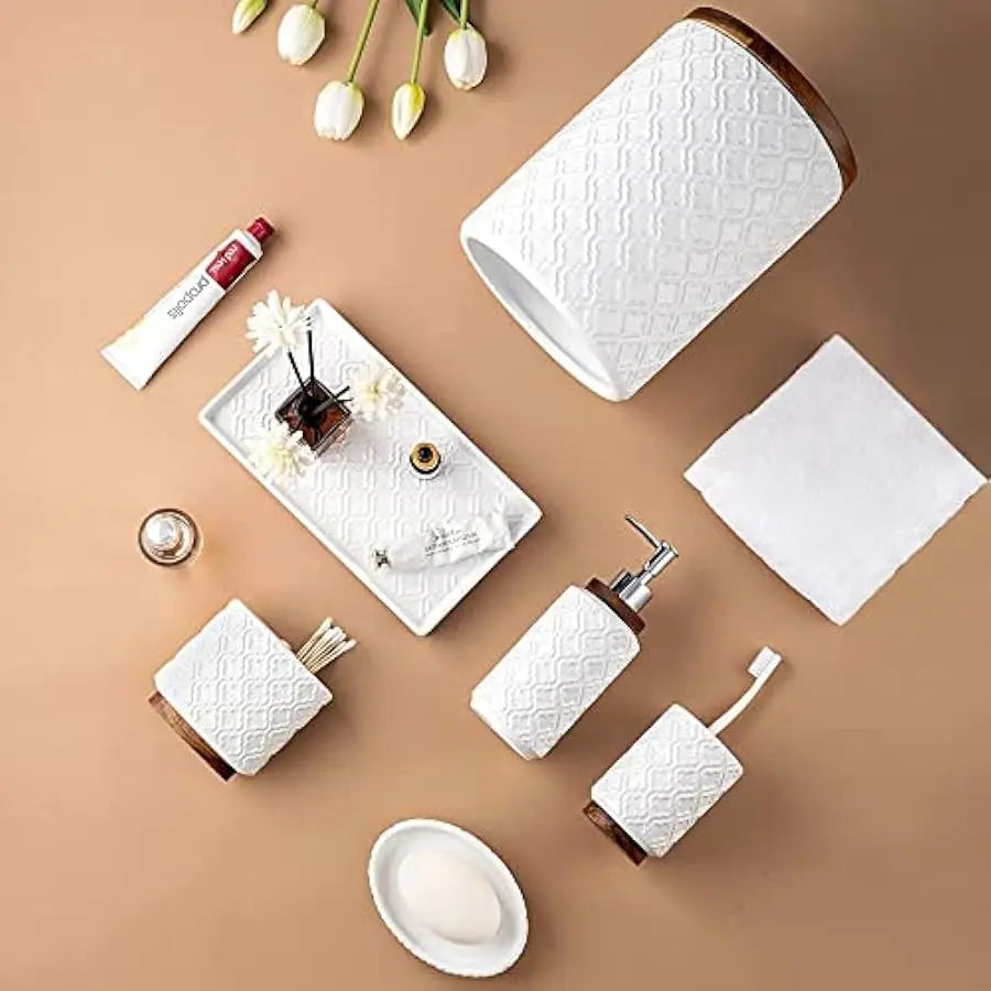 Elegant Ceramic And Wood Six Piece Bathroom Accessories Set