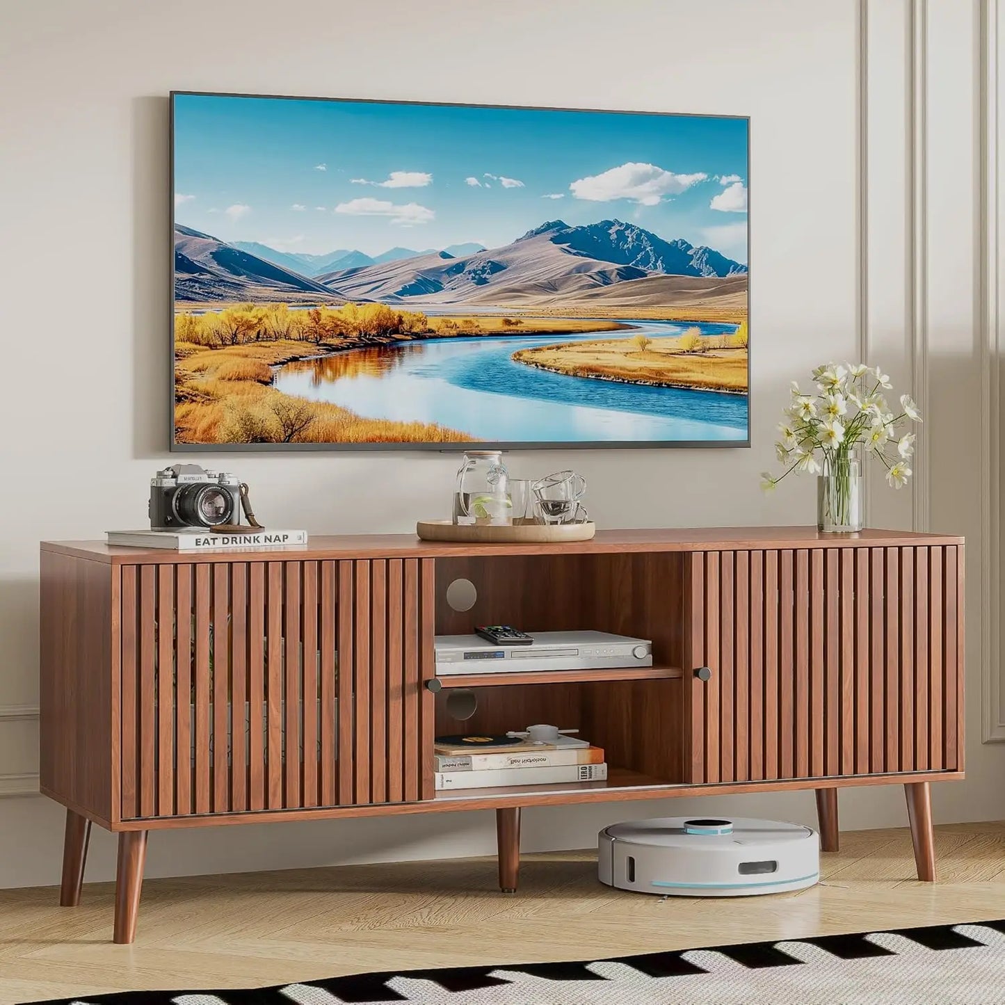 Mid Century Modern TV Stand With Sliding Doors And Storage