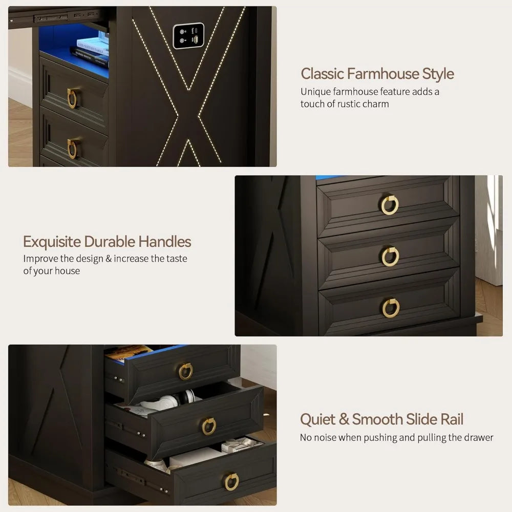 Farmhouse Nightstand With Gun Drawer, Led Lights And Charging Station