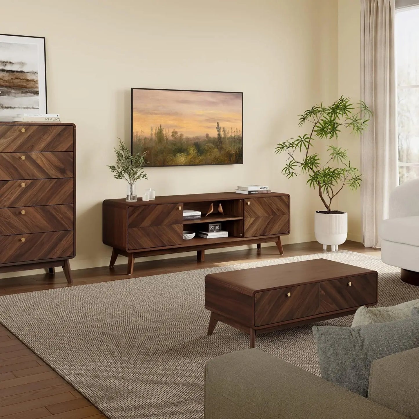 Mid Century TV Stand For Living Room Entertainment Center With Storage