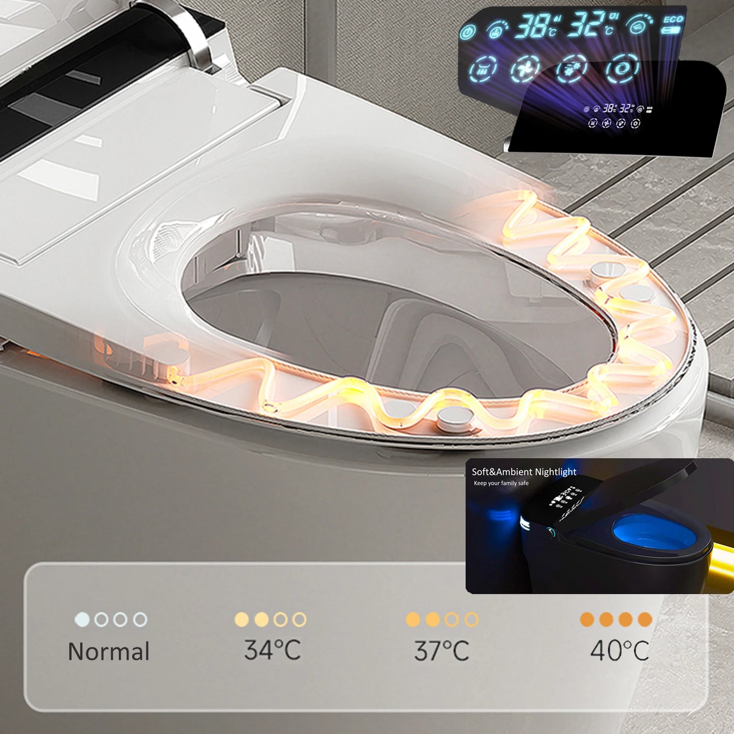 Smart Toilet Featuring Heated Bidet Seat Auto Open Lid