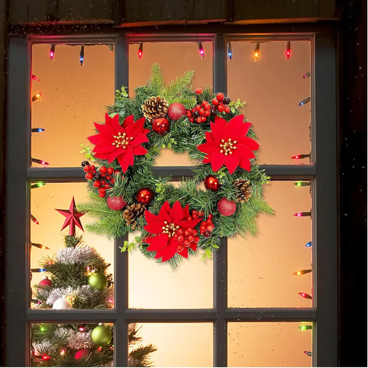 Garvee Christmas Wreath With Red Poinsettia Flowers For Holiday Decor