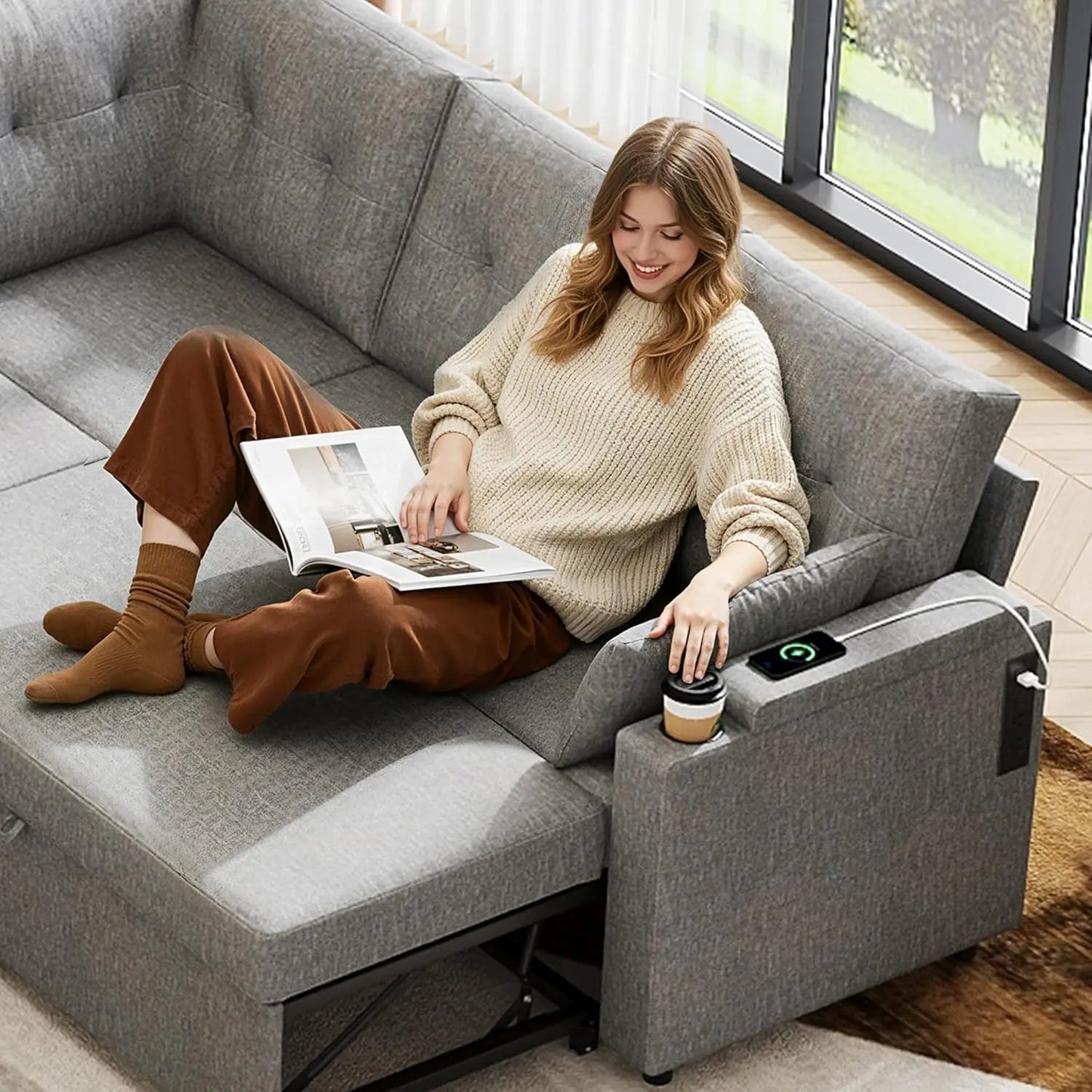 Sectional Sofa With Storage Chaise And Sleeper In Linen
