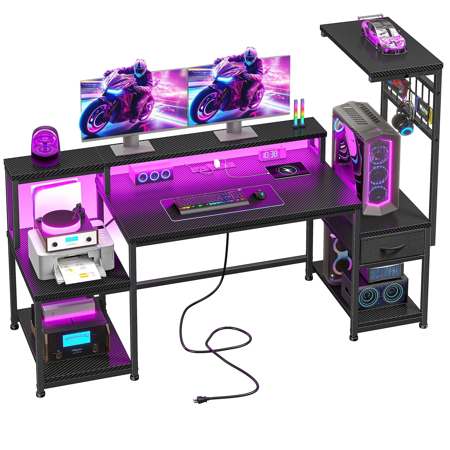 EnHomee 55 Inch Gaming Desk With Power Outlets And Storage