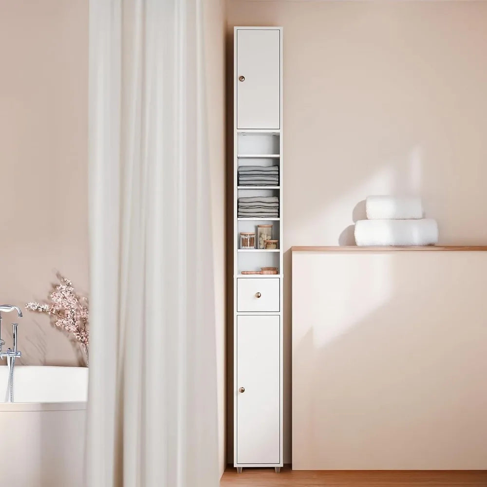 Tall Slim Bathroom Storage Cabinet with Drawer and Doors, Narrow Organizer for Small Spaces, Adjustable Shelves for Towels, Mode