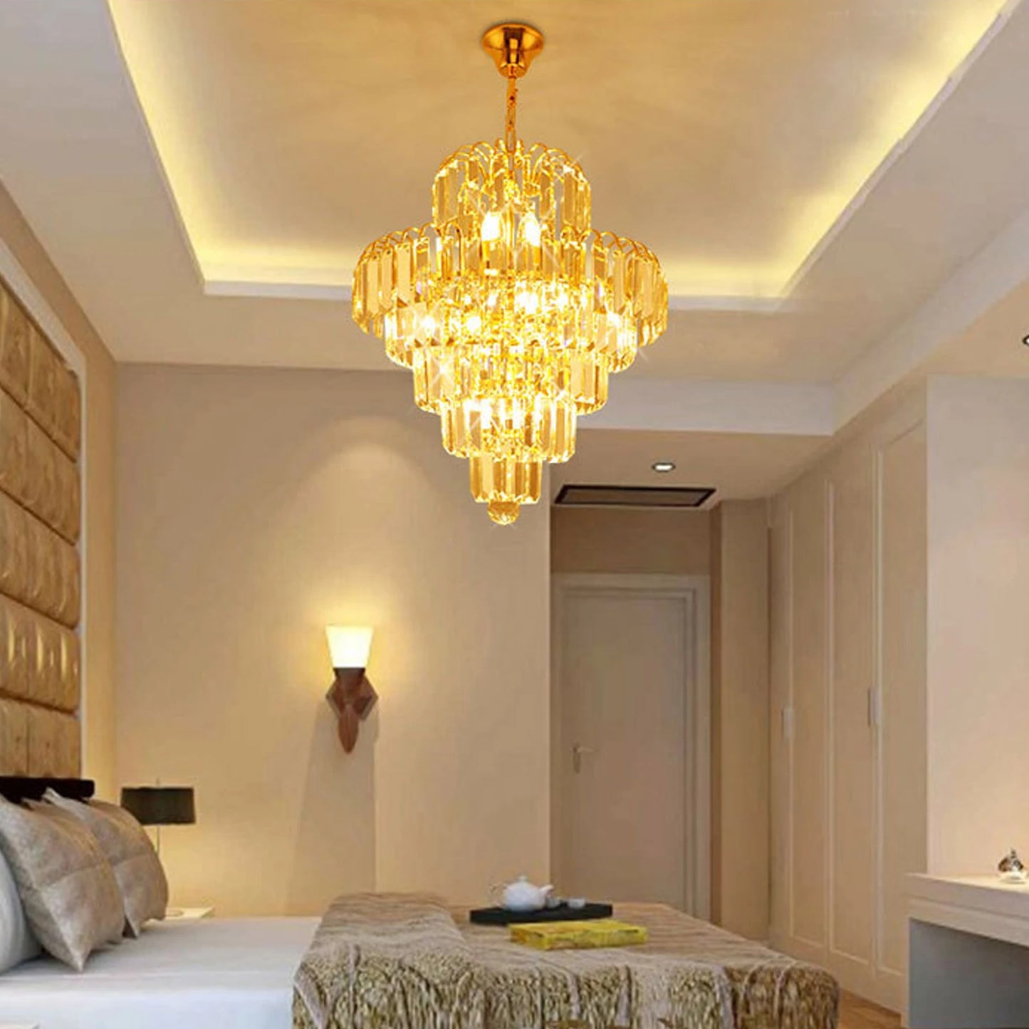Elegant Gold Crystal Chandelier Pendant Lighting Fixture Metal Glass