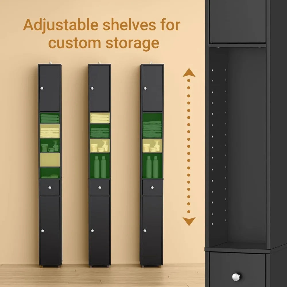 Tall Slim Bathroom Storage Cabinet with Drawer and Doors, Narrow Organizer for Small Spaces, Adjustable Shelves for Towels, Mode