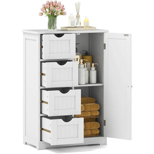 Bathroom Floor Cabinet, Multifunctional Storage Cabinet with 4 Drawers and 1 Door, Wooden Side Storage Organizer for Bathroom, L