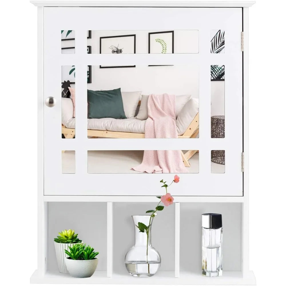 Bathroom Medicine Cabinet with Mirror, Adjustable Shelf and Open Compartments, Wall Mounted Mirrored Cabinet