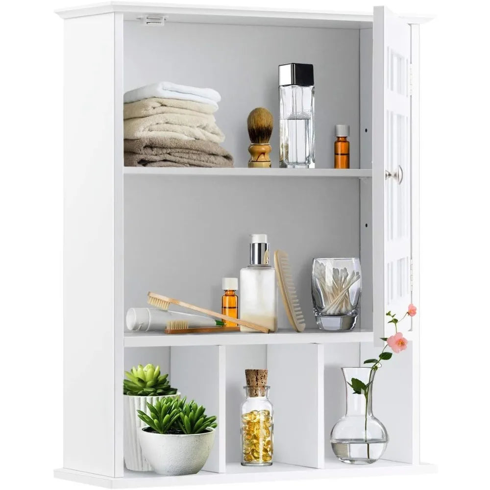 Bathroom Medicine Cabinet with Mirror, Adjustable Shelf and Open Compartments, Wall Mounted Mirrored Cabinet