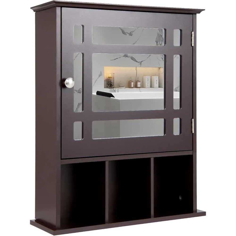 Bathroom Medicine Cabinet with Mirror, Adjustable Shelf and Open Compartments, Wall Mounted Mirrored Cabinet
