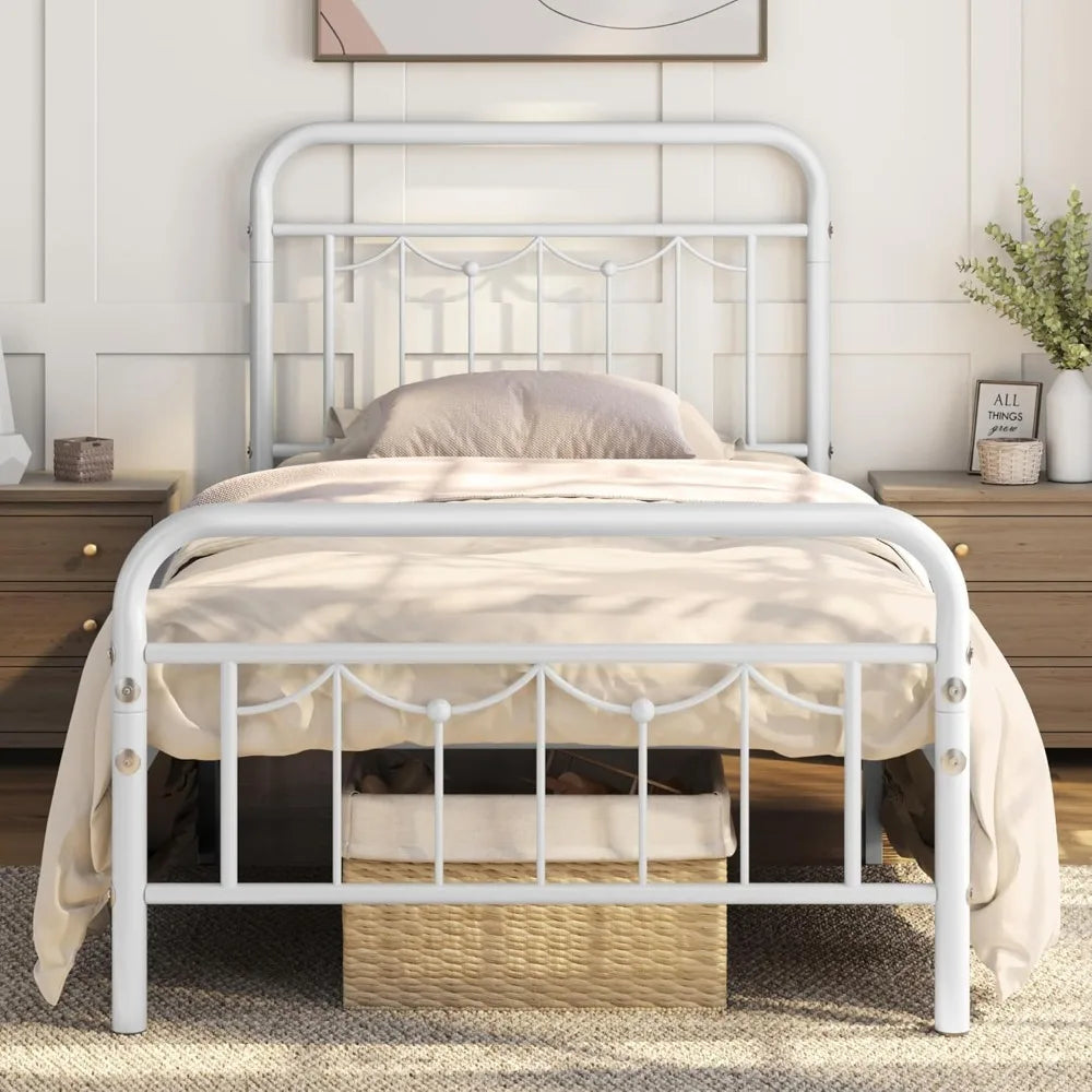 Metal Farmhouse Bed Frame With Vintage Headboard And Footboard