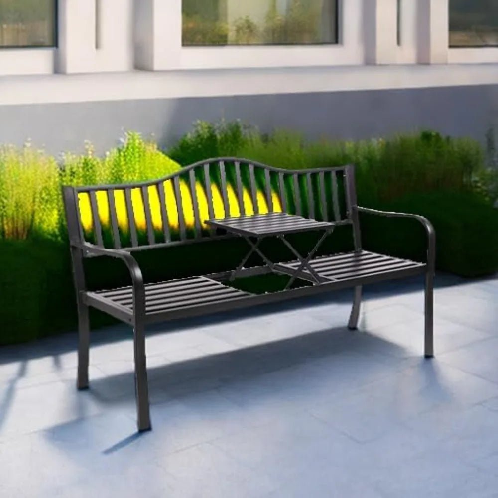 59" Outdoor Metal Bench Patio Bench with Built in Table Park Bench Garden Bench, Outside Benches