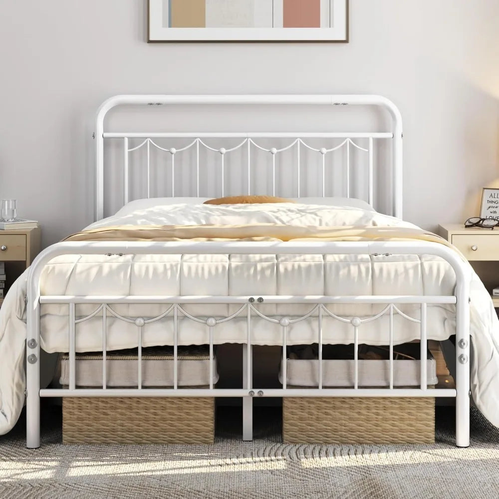 Metal Farmhouse Bed Frame With Vintage Headboard And Footboard