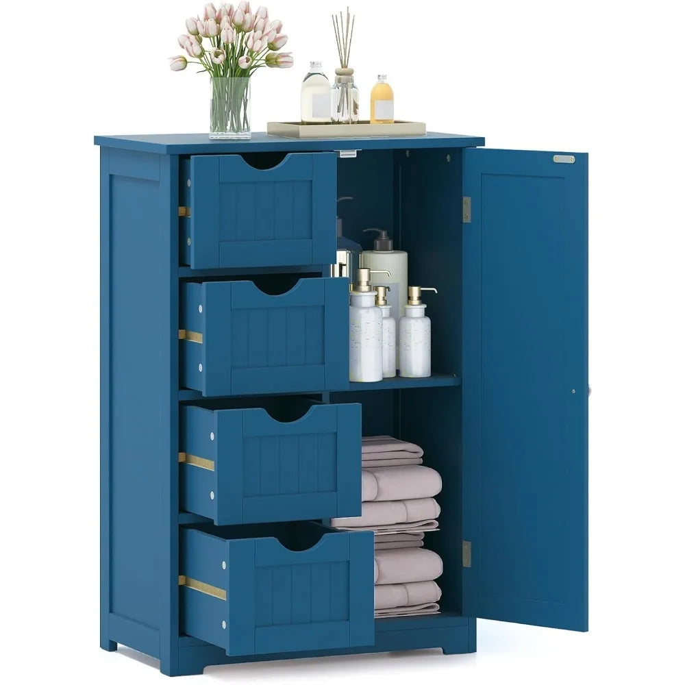 Bathroom Floor Cabinet, Multifunctional Storage Cabinet with 4 Drawers and 1 Door, Wooden Side Storage Organizer for Bathroom, L