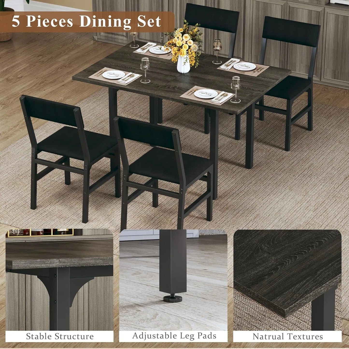 Extendable Dining Table Set For Four With Cushioned Chairs