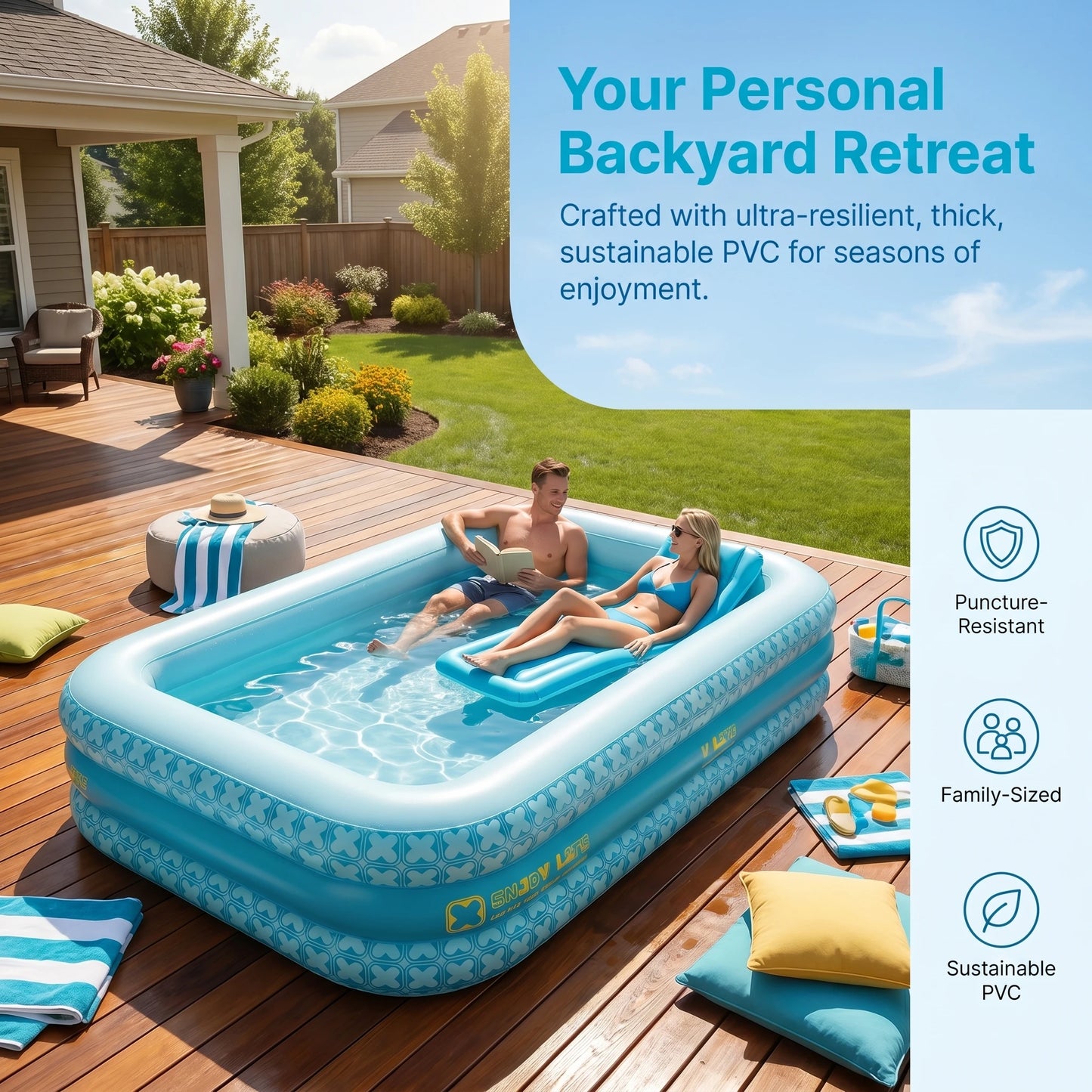 Inflatable Family Pool For Adults Above Ground Easy Setup PVC