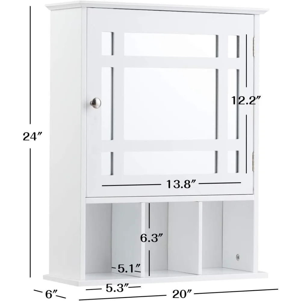 Bathroom Medicine Cabinet with Mirror, Adjustable Shelf and Open Compartments, Wall Mounted Mirrored Cabinet