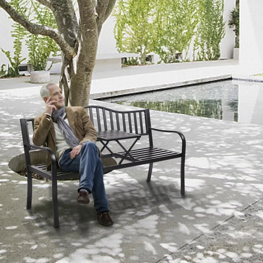 59" Outdoor Metal Bench Patio Bench with Built in Table Park Bench Garden Bench, Outside Benches