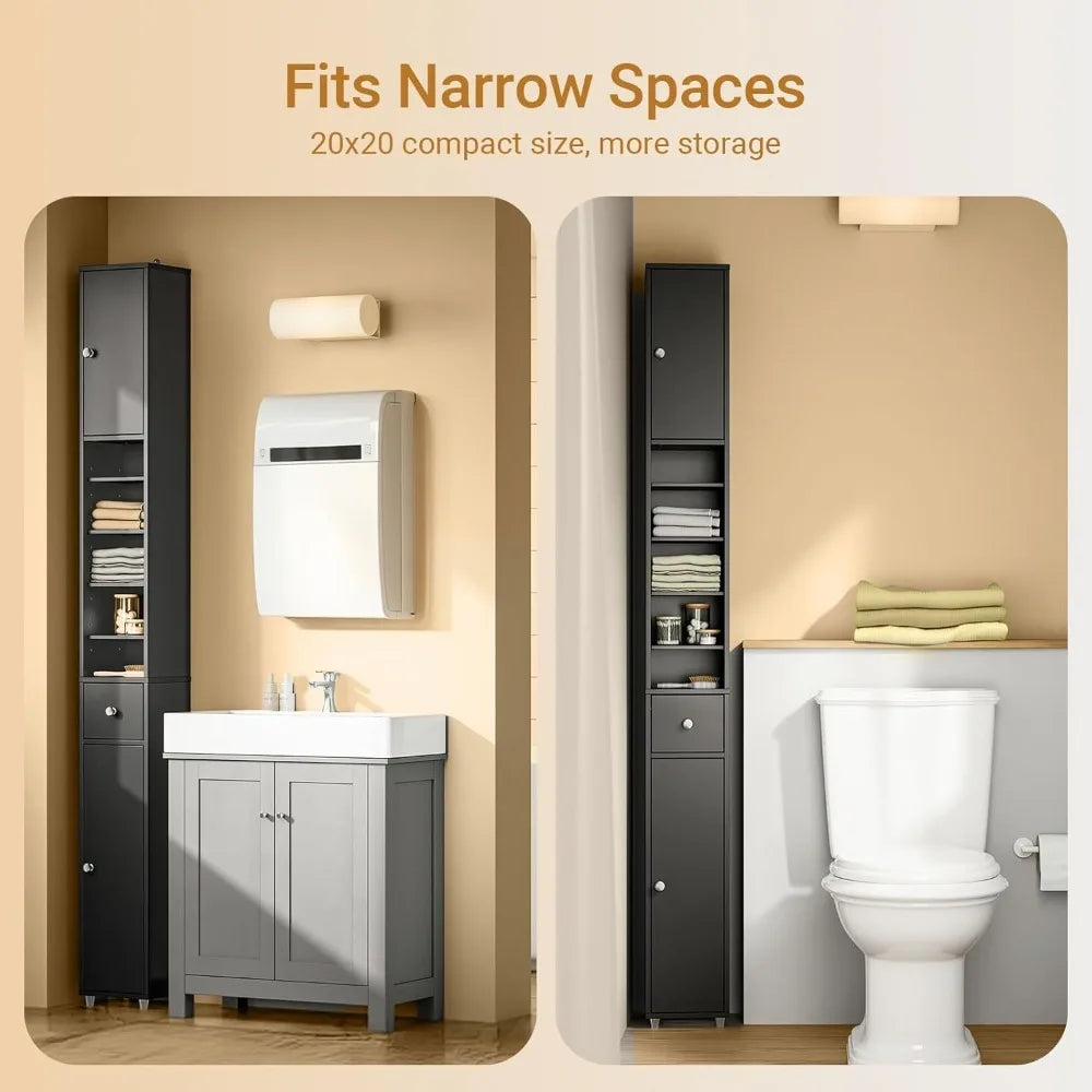 Tall Slim Bathroom Storage Cabinet with Drawer and Doors, Narrow Organizer for Small Spaces, Adjustable Shelves for Towels, Mode