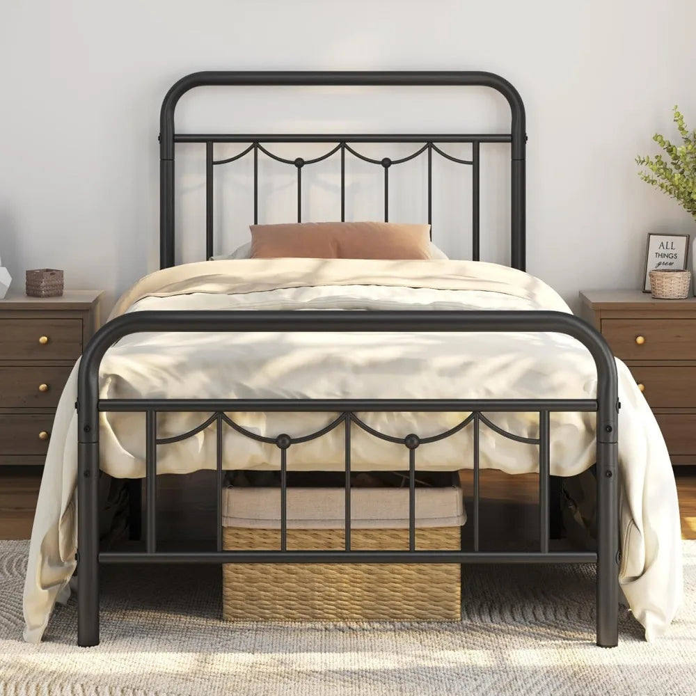 Metal Farmhouse Bed Frame With Vintage Headboard And Footboard