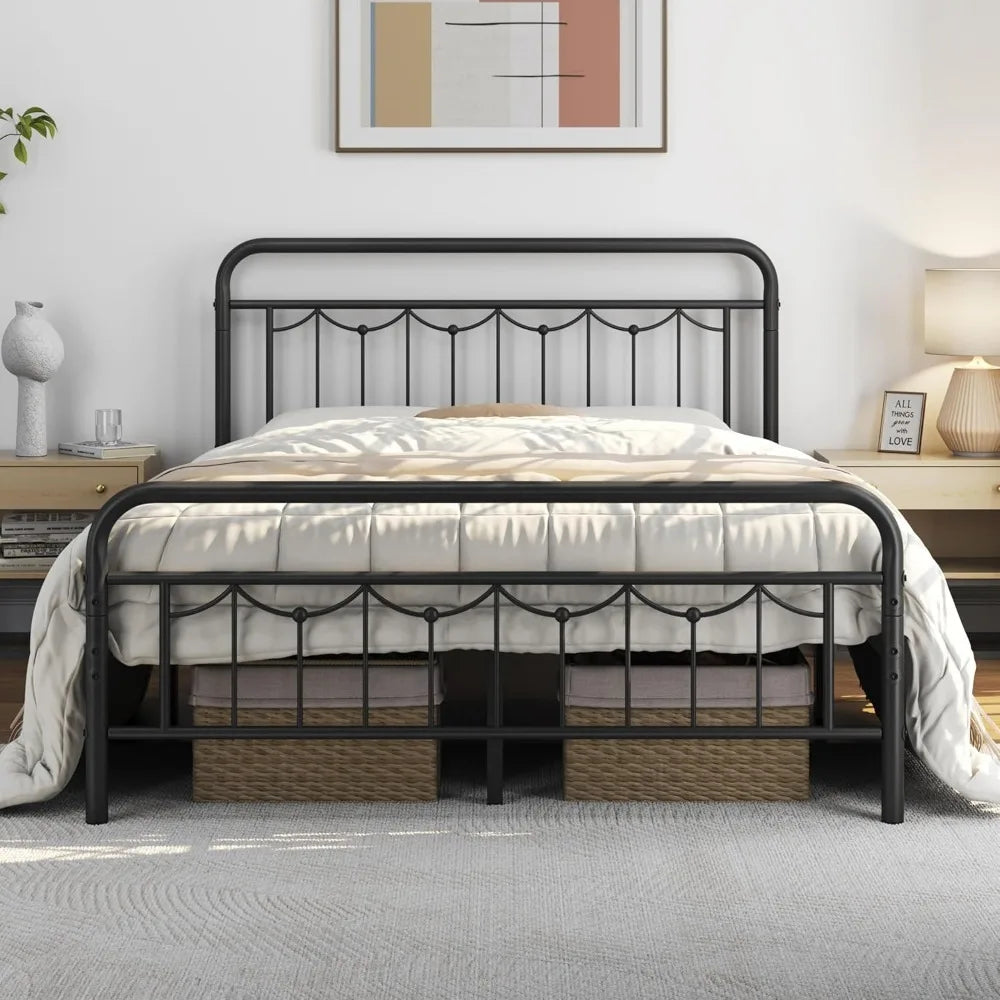 Metal Farmhouse Bed Frame With Vintage Headboard And Footboard