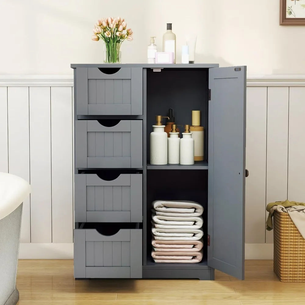 Bathroom Floor Cabinet, Multifunctional Storage Cabinet with 4 Drawers and 1 Door, Wooden Side Storage Organizer for Bathroom, L