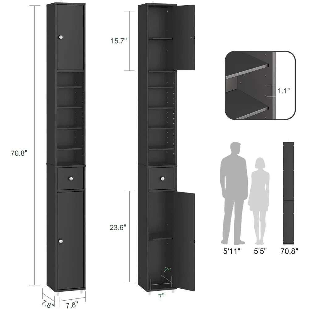 Tall Slim Bathroom Storage Cabinet with Drawer and Doors, Narrow Organizer for Small Spaces, Adjustable Shelves for Towels, Mode