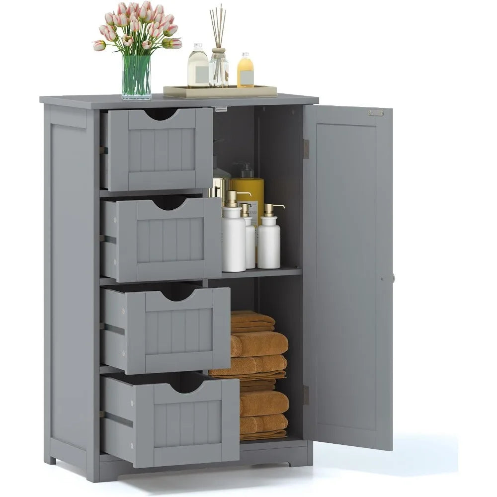 Bathroom Floor Cabinet, Multifunctional Storage Cabinet with 4 Drawers and 1 Door, Wooden Side Storage Organizer for Bathroom, L