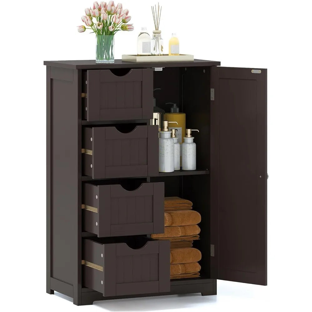 Bathroom Floor Cabinet, Multifunctional Storage Cabinet with 4 Drawers and 1 Door, Wooden Side Storage Organizer for Bathroom, L